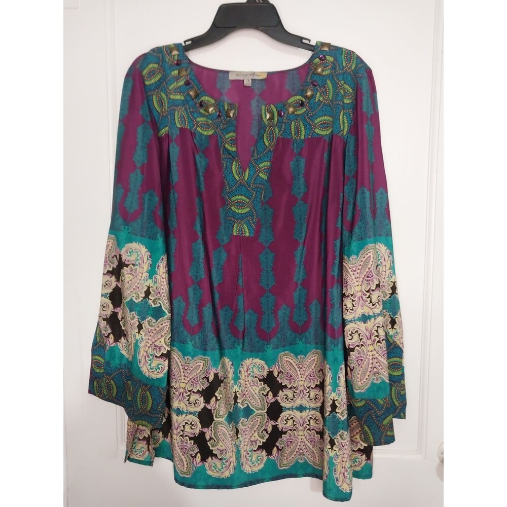 Embroidered Boho Tunic Top in Purple and Teal Size 2X
